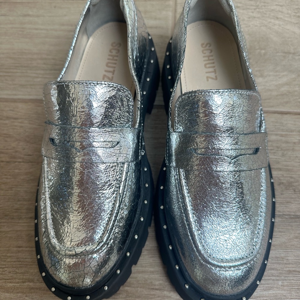 NWT Schutz Christie Silp On Studded Silver Shoes